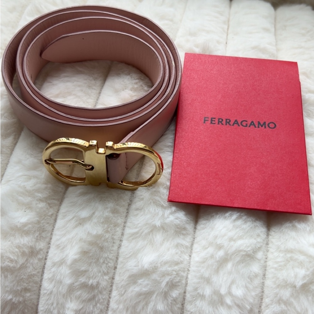 Salvatore Ferragamo Blush Leather Belt with Gold Buckle